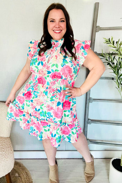Floral Smocked Flutter Sleeve Ruffle Mini Dress - Online Only!
