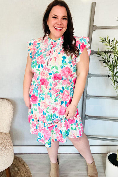 Floral Smocked Flutter Sleeve Ruffle Mini Dress - Online Only!