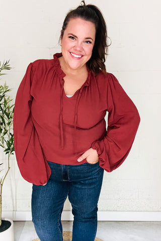 Feeling Femme Burgundy Frilled Edge V Neck Tie Top - Online Only!