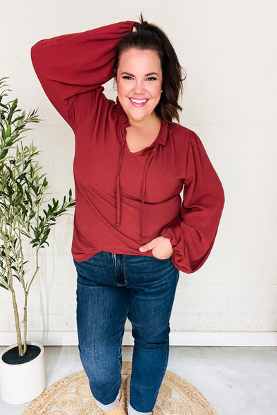 Feeling Femme Burgundy Frilled Edge V Neck Tie Top - Online Only!