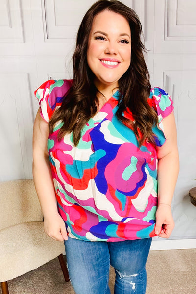Find Yourself Fuchsia Geo Abstract V Neck Flutter Sleeve Top - Online Only!