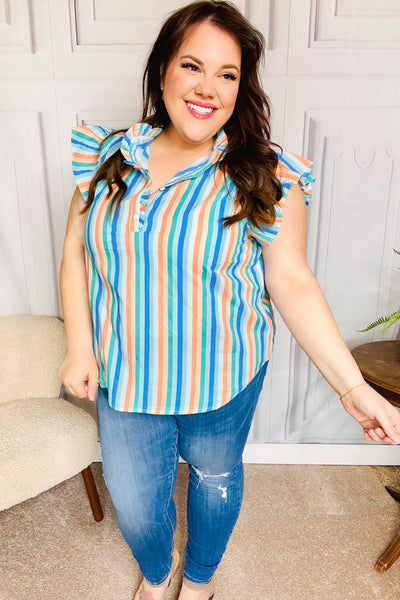 Happy Thoughts Sky Blue Striped Frill Button Down Top - Online Only!