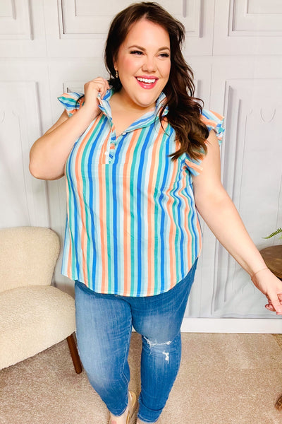 Happy Thoughts Sky Blue Striped Frill Button Down Top - Online Only!
