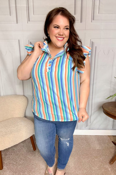 Happy Thoughts Sky Blue Striped Frill Button Down Top - Online Only!