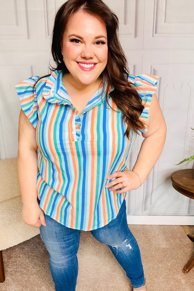 Happy Thoughts Sky Blue Striped Frill Button Down Top - Online Only!