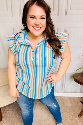 Happy Thoughts Sky Blue Striped Frill Button Down Top - Online Only!