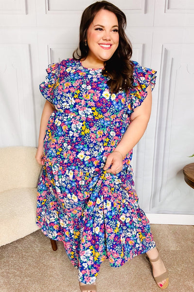Just A Dream Navy Floral Smocked Ruffle Sleeve Maxi Dress - Online Only!
