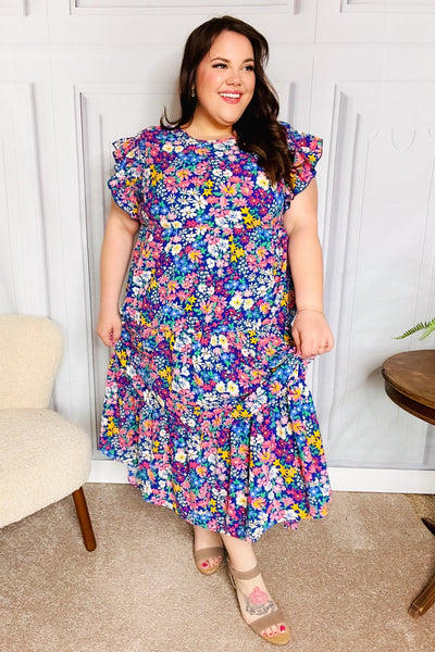 Just A Dream Navy Floral Smocked Ruffle Sleeve Maxi Dress - Online Only!