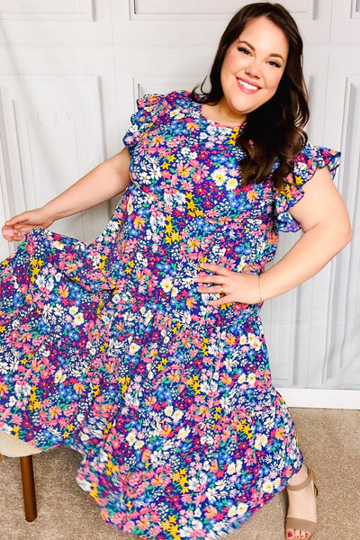 Just A Dream Navy Floral Smocked Ruffle Sleeve Maxi Dress - Online Only!