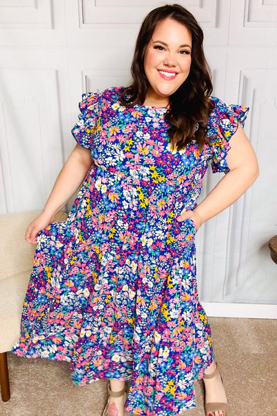 Just A Dream Navy Floral Smocked Ruffle Sleeve Maxi Dress - Online Only!