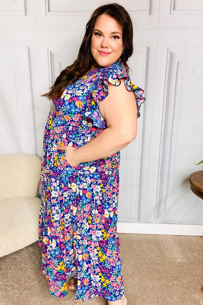 Just A Dream Navy Floral Smocked Ruffle Sleeve Maxi Dress - Online Only!