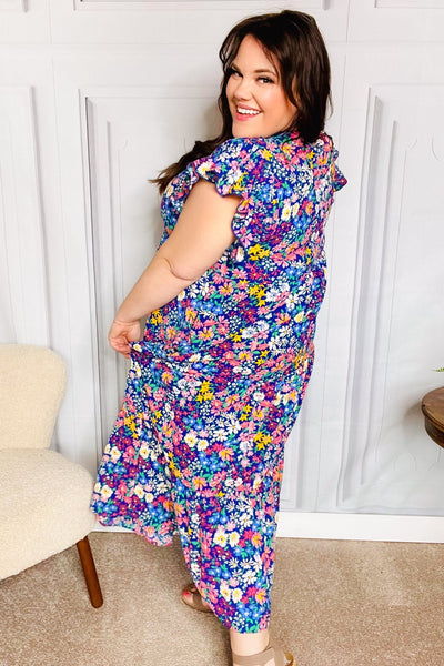 Just A Dream Navy Floral Smocked Ruffle Sleeve Maxi Dress - Online Only!