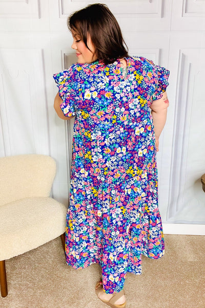 Just A Dream Navy Floral Smocked Ruffle Sleeve Maxi Dress - Online Only!
