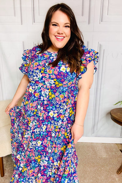 Just A Dream Navy Floral Smocked Ruffle Sleeve Maxi Dress - Online Only!