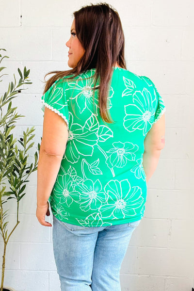 Follow Me Emerald Floral Ric Rac Trim Flutter Sleeve Top - Online Only!