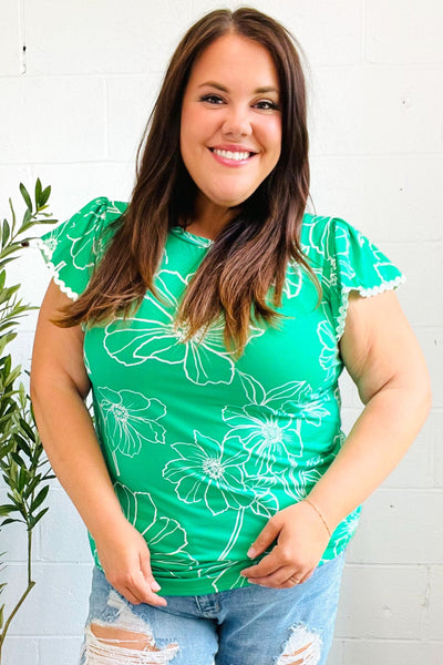 Follow Me Emerald Floral Ric Rac Trim Flutter Sleeve Top - Online Only!