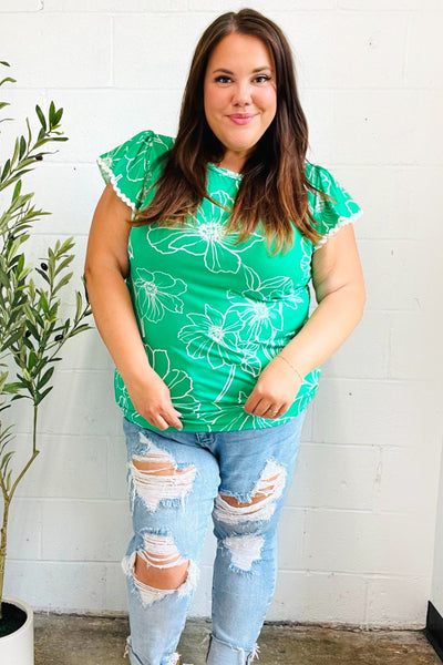 Follow Me Emerald Floral Ric Rac Trim Flutter Sleeve Top - Online Only!