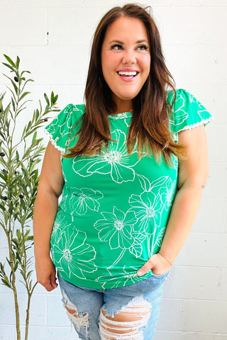 Follow Me Emerald Floral Ric Rac Trim Flutter Sleeve Top - Online Only!