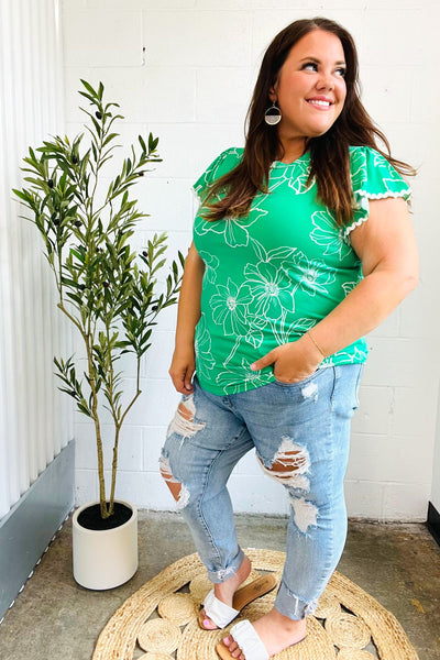 Follow Me Emerald Floral Ric Rac Trim Flutter Sleeve Top - Online Only!