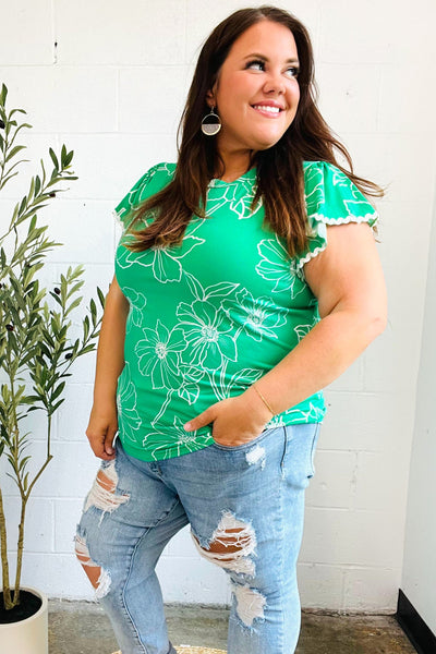 Follow Me Emerald Floral Ric Rac Trim Flutter Sleeve Top - Online Only!