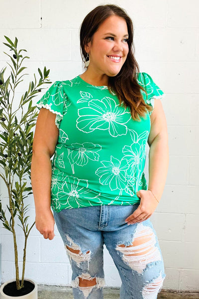 Follow Me Emerald Floral Ric Rac Trim Flutter Sleeve Top - Online Only!