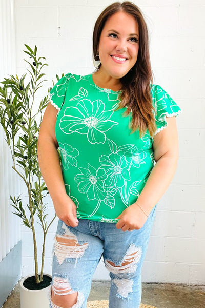 Follow Me Emerald Floral Ric Rac Trim Flutter Sleeve Top - Online Only!