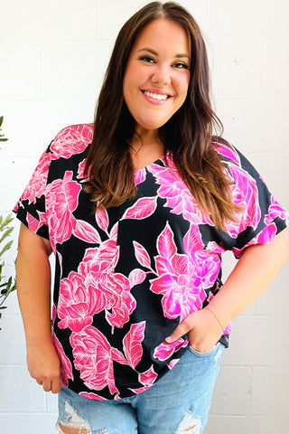 Tropical Vibes Black & Hot Pink Floral V Neck Top - Online Only!