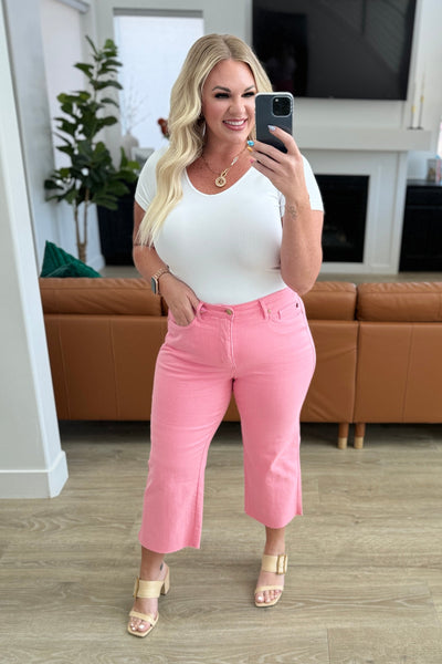 Judy Blue High Rise Control Top Wide Leg Crop Jeans in Pink - Online Only!