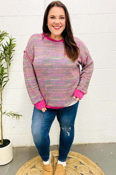 Bring Joy Magenta Multicolor Textured Waffle Knit Sweater - Online Only!