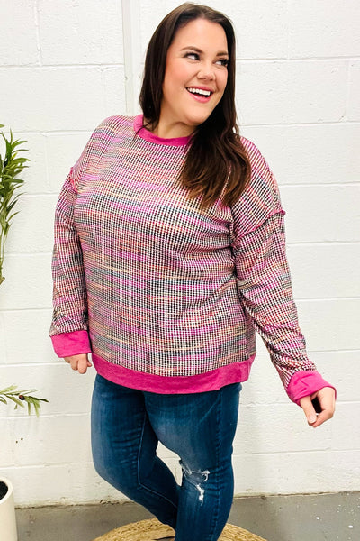 Bring Joy Magenta Multicolor Textured Waffle Knit Sweater - Online Only!