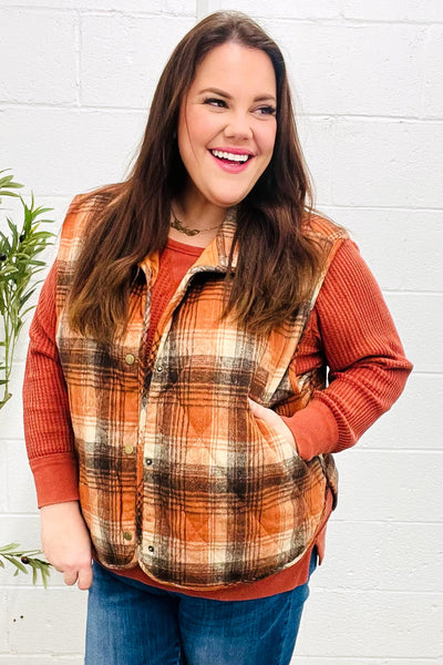 Put Together Rust Taupe Plaid Snap Button Quilted Puffer Vest - Online Only!