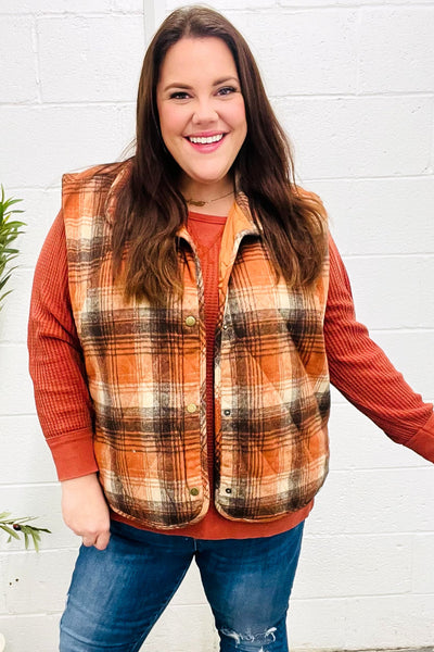 Put Together Rust Taupe Plaid Snap Button Quilted Puffer Vest - Online Only!