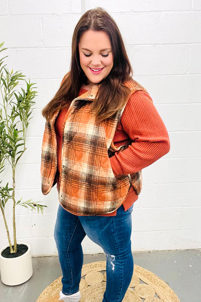 Put Together Rust Taupe Plaid Snap Button Quilted Puffer Vest - Online Only!