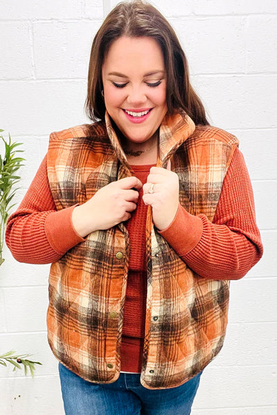 Put Together Rust Taupe Plaid Snap Button Quilted Puffer Vest - Online Only!