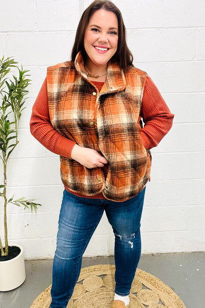 Put Together Rust Taupe Plaid Snap Button Quilted Puffer Vest - Online Only!