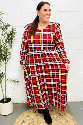 Adorable In Red Plaid Ruffle Detail Fit & Flare Midi Dress - Online Only!