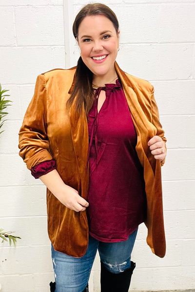 Holiday Stunner Rust Velvet Lapel Blazer - Online Only!