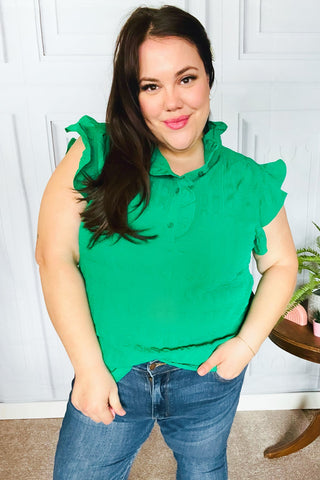 Kelly Green Textured Ruffle Mock Neck Button Down Top - Online Only!