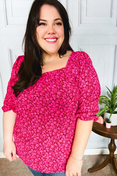 Perfectly You Fuchsia Floral Three Quarter Sleeve Square Neck Top - Online Only!