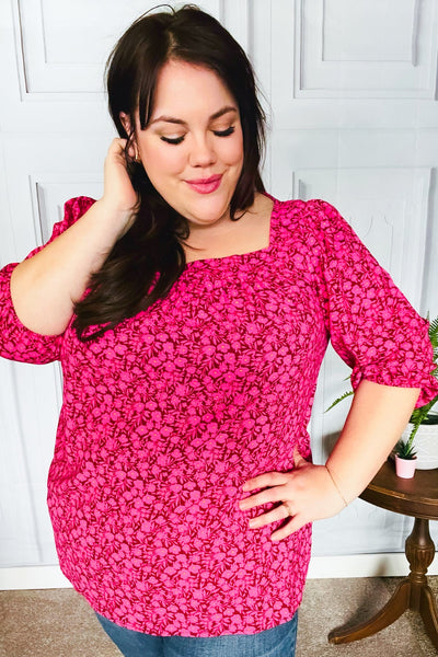 Perfectly You Fuchsia Floral Three Quarter Sleeve Square Neck Top - Online Only!