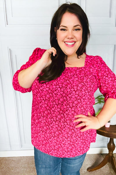 Perfectly You Fuchsia Floral Three Quarter Sleeve Square Neck Top - Online Only!