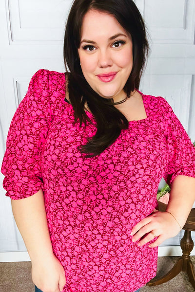 Perfectly You Fuchsia Floral Three Quarter Sleeve Square Neck Top - Online Only!