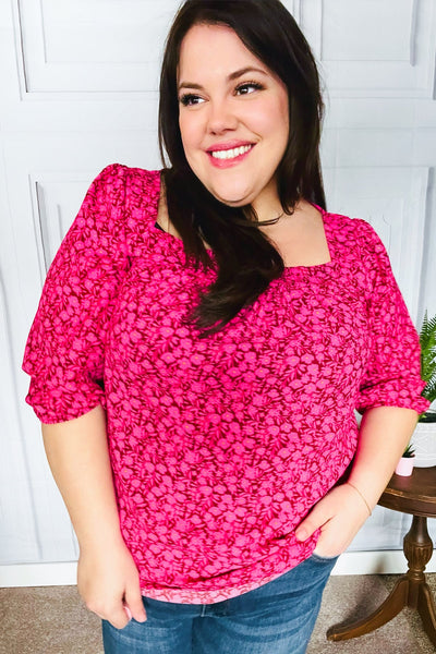 Perfectly You Fuchsia Floral Three Quarter Sleeve Square Neck Top - Online Only!