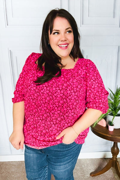 Perfectly You Fuchsia Floral Three Quarter Sleeve Square Neck Top - Online Only!