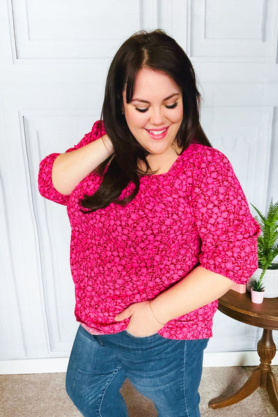 Perfectly You Fuchsia Floral Three Quarter Sleeve Square Neck Top - Online Only!