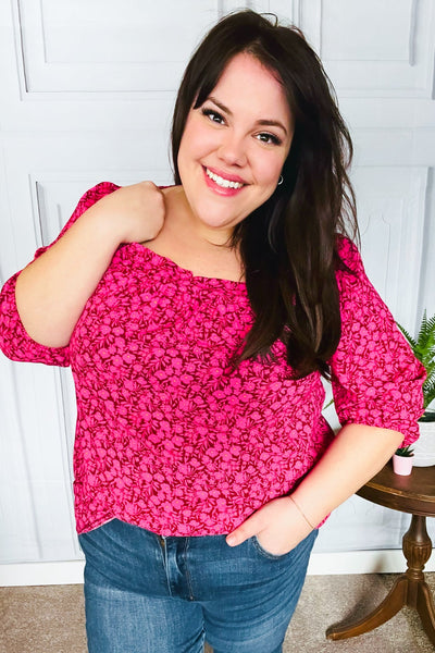 Perfectly You Fuchsia Floral Three Quarter Sleeve Square Neck Top - Online Only!