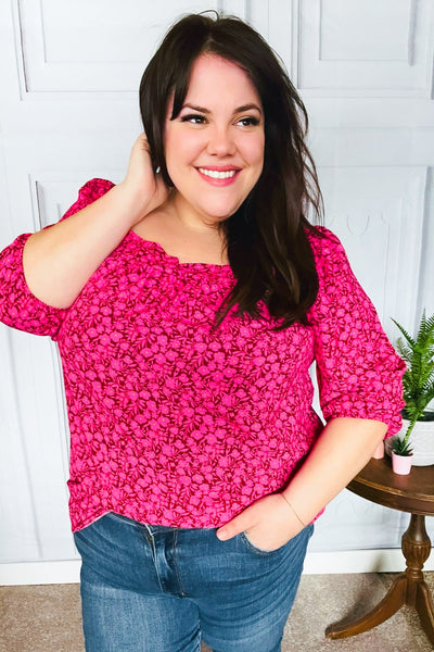 Perfectly You Fuchsia Floral Three Quarter Sleeve Square Neck Top - Online Only!