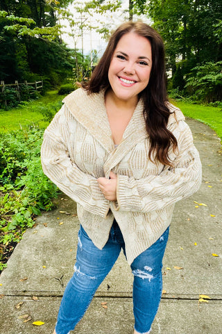 Autumn Vibes Taupe Textured Cable Knit Collared Cardigan - Online Only!