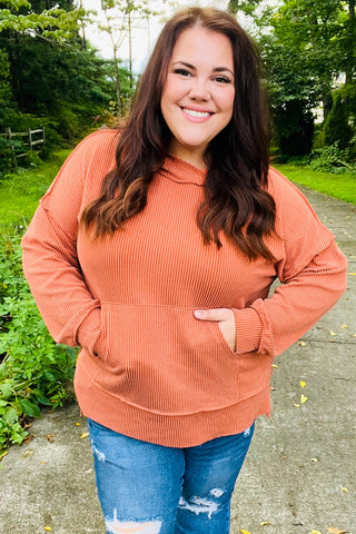 Cozy Days Rust Mineral Wash Rib Knit Hoodie - Online Only!