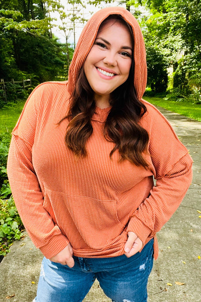Cozy Days Rust Mineral Wash Rib Knit Hoodie - Online Only!
